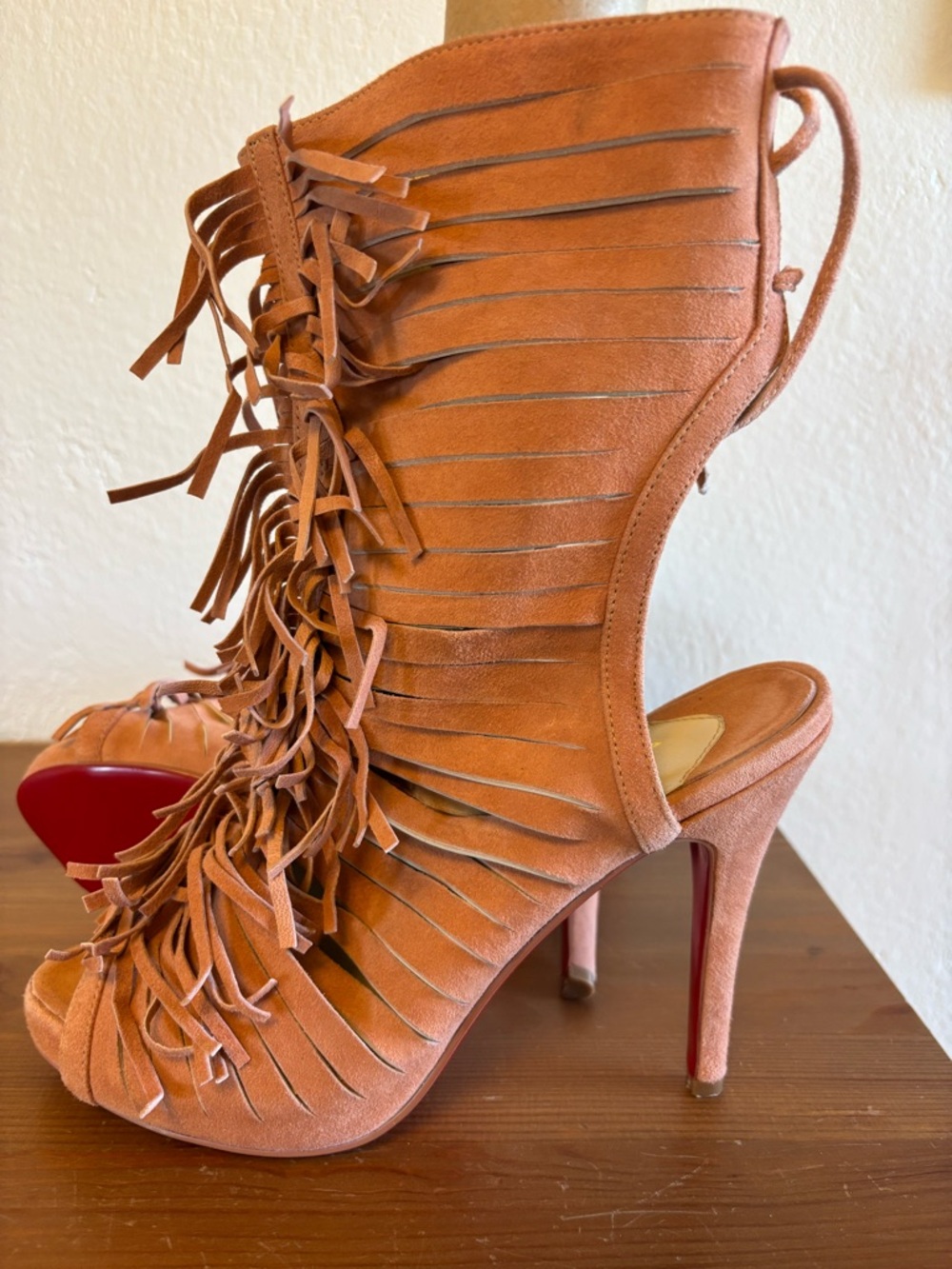 Christian Louboutin Pink Fringe Suede Peep-Toe Stiletto Booties